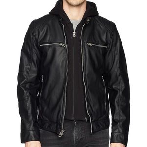 GUESS Men's Faux Leather Hooded Moto Jacket